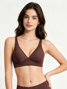 Reggiseno marrone senza cuciture con scollo a V profondo e trama liscia e comoda