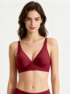 Reggiseno bordeaux senza cuciture con profondo scollo a V e supporto morbido comodo