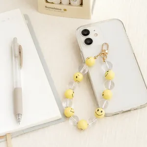Acrylic Smiley Face Beaded Keychain Mobile Phone Charm Yellow Translucent Resin Beads Accessory For Women Bag Pendant