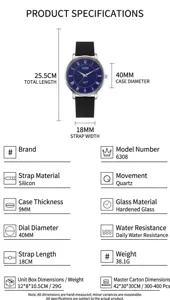 Technical specifications of GEDI quartz watch featuring blue dial and silicone strap