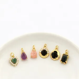 Assorted 18K gold plated natural stone pendants in heart, teardrop, and square shapes