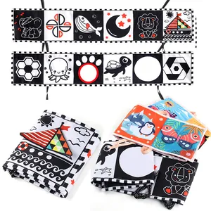 Polyester Baby Cloth Book Crib Bumper Toy With Safety Mirror Crinkle Paper Squeaker High Contrast Patterns Sensory Development
