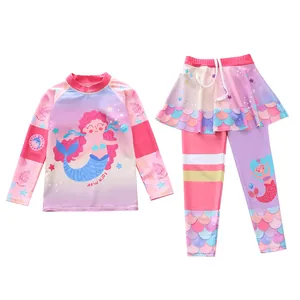 Zweiteiliger Meerjungfrau-Badeanzug für Mädchen mit langen Ärmeln und Rockhose in Pink