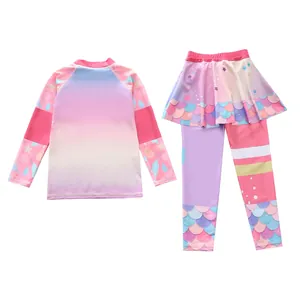 Zweiteiliger langärmeliger Mädchen-Badeanzug mit Meerjungfrauen-Muster und Rock-Leggings