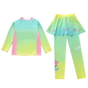 Zweiteiliges Langarm-Badeanzug-Set für Mädchen mit Farbverlauf, Meerjungfrau und Rockhose.