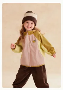 Full length detailed view of a children outdoor color-block windbreaker jacket with hood