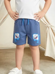 Boys Summer Cotton Shorts Shark Embroidery Casual Sporty Elastic Drawstring Waist Kids Leisure 5 Point Pants Bottoms