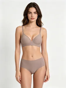Close-up of seamless taupe jelly bra set with soft support and high-waist panty.
