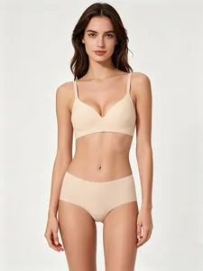 Detail showing the fit of a seamless nude lingerie set with soft support jelly bra