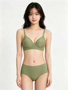 Close-up detail of a seamless jelly soft support bra and panty set in olive green.