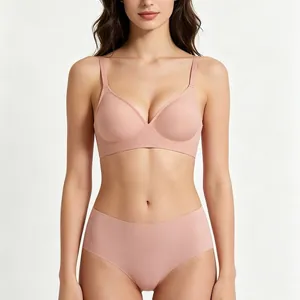 Professional model wearing a seamless pink jelly bra set with soft wire-free support