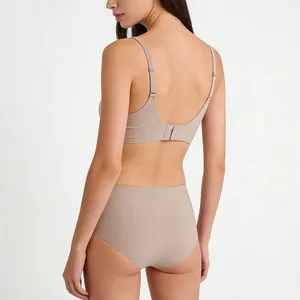 Back view of a nude seamless jelly support bra and high-waisted panty set for women