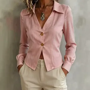 Elegant pink long-sleeved shirt with asymmetrical hem and V-neck for office wear