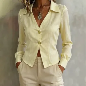 Elegant pale yellow V-neck long sleeve professional commute blouse for women office wear