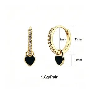 Elegant gold heart dangle hoop earrings with CZ stones 13mm diameter 1.8g per pair