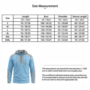 Detailed size chart for men's waffle knit color-block lace-up hoodie with measurements.