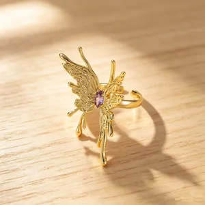 Designer Vergoldet Messing Schmetterling Blume Offen Einstellbar Ring Mode Lila Zirkonia Fingerring Für Damen Bankett Party Schmuck