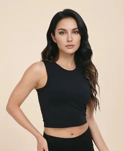 Close-up detail of black sleeveless cropped sports tank top for women yoga fitness gym