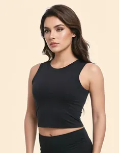 Detailed view of women's black wireless sports crop top with pads for yoga and running