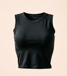 Close-up of black sleeveless cropped sports tank top for yoga and fitness.