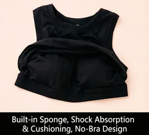 Detail showing built-in pads of this wire-free black sports tank top for women