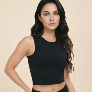 Women's black sleeveless yoga sports bra, slim fit cropped tank top with padding