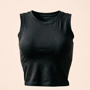 Sleek black slim-fit cropped sports tank top with built-in padding for yoga and fitness training