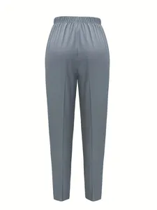 Rear view of grey high-waist plaid professional pants featuring a comfy elastic waist