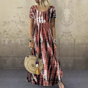 Abito lungo estivo a maniche corte con stampa tie-dye e scollo rotondo da donna