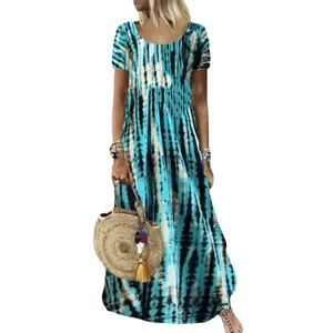 Abito lungo estivo casual a girocollo con maniche corte e stampa tie-dye blu vibrante