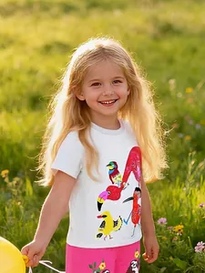 Girls Summer Cotton Short Sleeve T-Shirt Tropical Bird Flamingo Print Casual Round Neck Top For Kids 2-7 Years