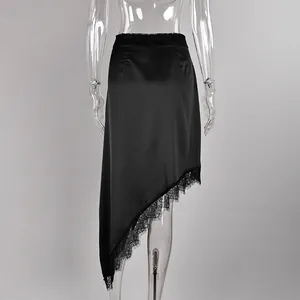 Back view detail of asymmetric satin midi skirt with delicate eyelash lace trim