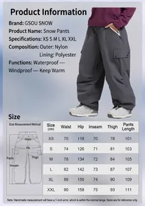 Size chart and specs for waterproof loose multi-pocket cargo ski pants for outdoors