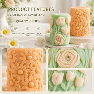 Handmade 3D blooming floral pillar candle silicone mold with detailed rose carvings