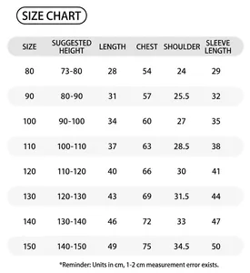 Guide des tailles détaillé pour ensemble sweat et pantalon enfant en cm