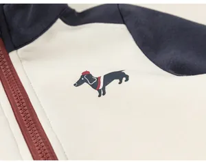 Gros plan d'un graphique de teckel sur un sweat à capuche bicolore pour enfant.