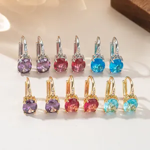 Elegant round colored gemstone earrings in gold and silver finish zircon settings