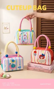 Detailed view of cute cartoon insulated lunch bags with plush handles for travel