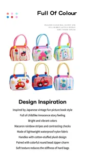 Collage showing various colorful cartoon insulated lunch bags for children and students