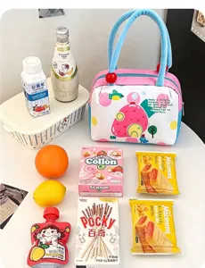 Cute fruit print thermal lunch bag shown with various snacks and drinks for scale