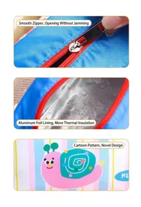 Detail shots of insulated lunch bag showing metal zipper, foil lining, and cartoon snail print