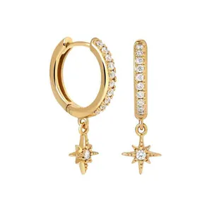 925 Sterling Silver Star Pendant Hoop Earrings For Women Micro Inlaid Rhinestone Fashion Jewelry Elegant Daily Wear Accessory