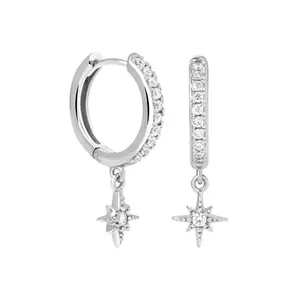 S925 sterling silver star hoop earrings with clear pave crystals on white background.
