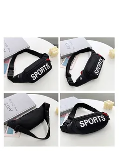 Black waist bag with SPORTS print shown from four angles on white table display.