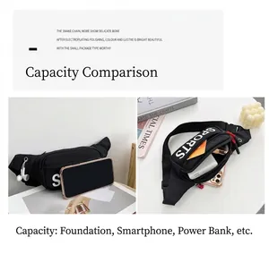 Detail of black sports waist bag showing internal capacity and size comparison with phone
