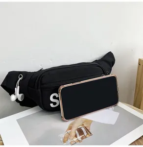 Size comparison of black waist bag with white letter S print and earphone hole