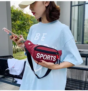 Close-up of an Asian model wearing a maroon sports fanny pack with white SPORTS letter print