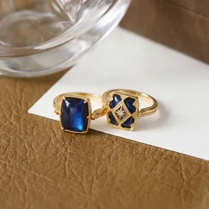 925 Sterling Silver Natural Labradorite Ring Vintage Geometric Hollow Rotatable Star Gold Plated Rhinestone Jewelry For Women