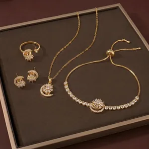 Luxury Rotating Flower Sun Moon Star Titanium Steel Zirconia Necklace Earring Ring Bracelet For Women Elegant Jewelry Set