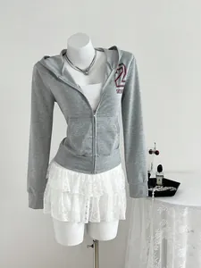 Grey long-sleeved hooded zip-up sweatshirt with "2" print on chest for women.